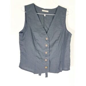 LINEN ID Women Black V Neck Vest Top Front Button Tie Back 90's 100% Linen 
S-M